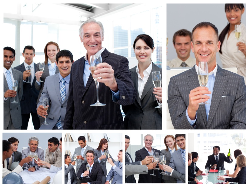 Collage of business people celebrating success with champagne